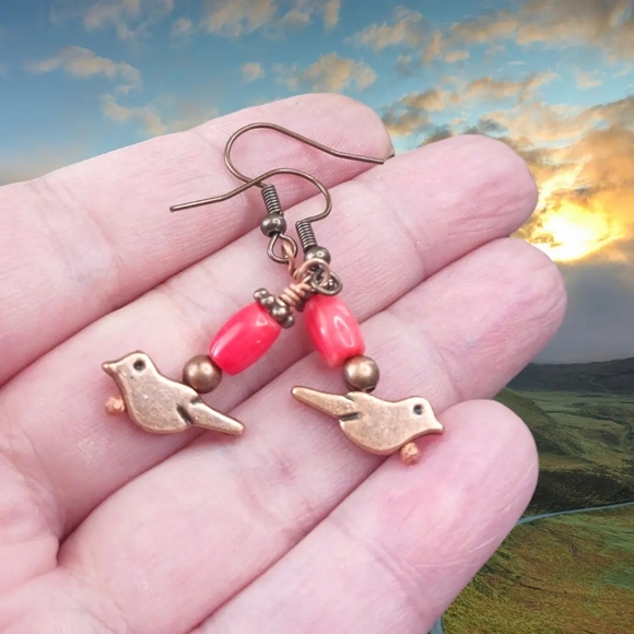 Artisan Earrings Coral and Copper Bird Charm - Picture 3 of 4